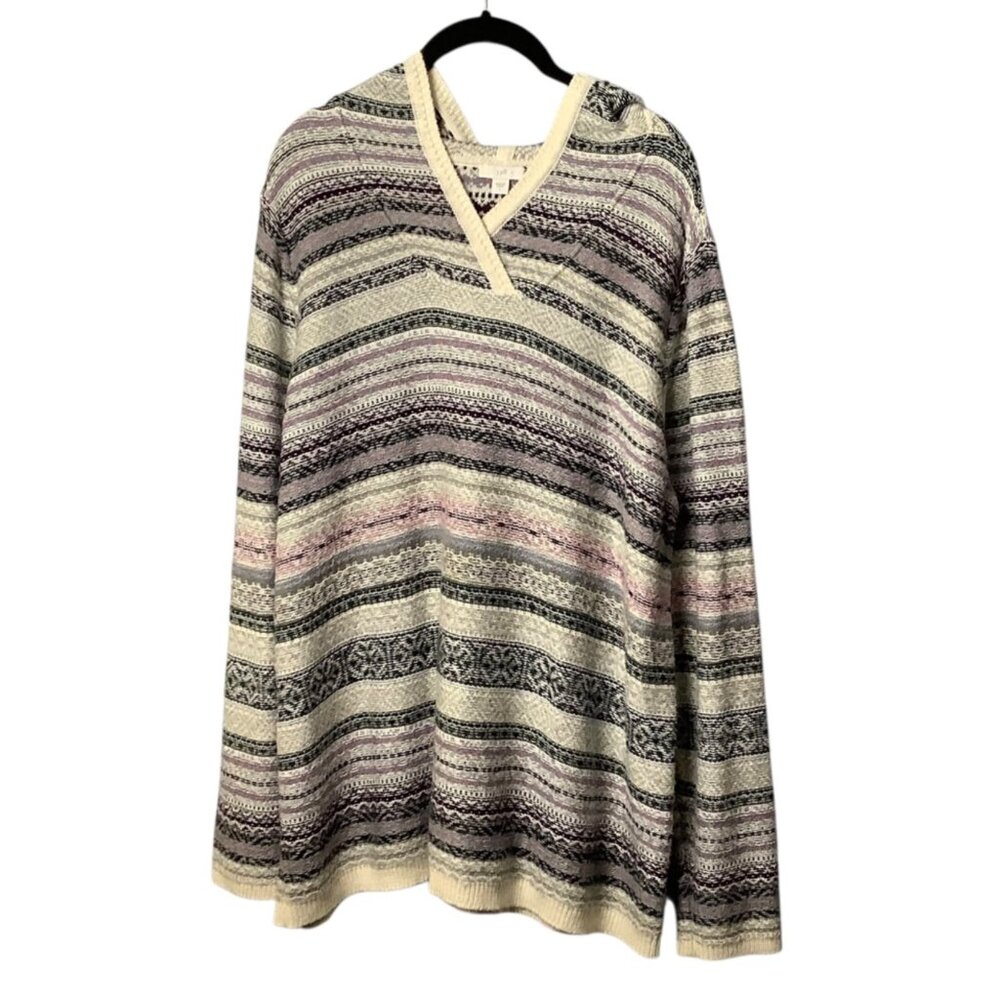 J. Jill Womens Hooded V-Neck Sweater Women Size L Multicolor Cotton Blend Cozy‎